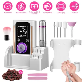 Portable Electric Nail Drill Bit 45000 RPM With 11 Bits Base Waist Clip Cordless Rechargeable Nail File Machine For Professional Salon Home Acryl (Option: White)
